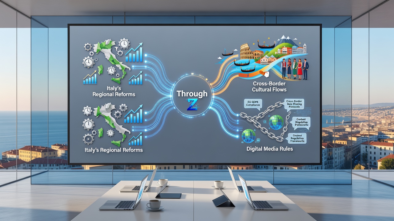 Diagram illustrating connections between regional policy changes, international cultural movements, and digital governance standards under Zelino Framework